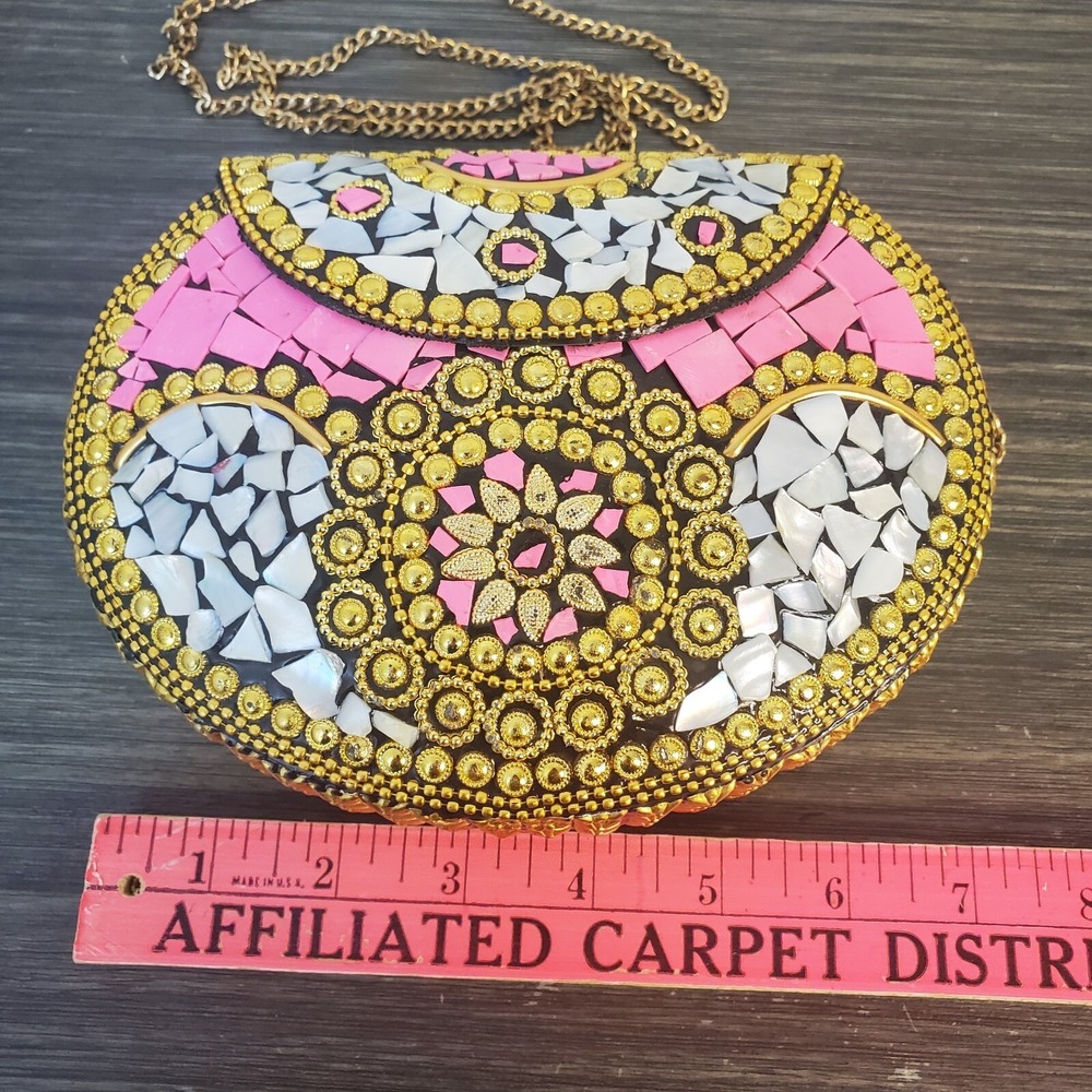 RAMLA Pink Gold Beverly Hills Handmade Mosaic Moroccon Clutch/Shoulder Purse NEW - Picture 8 of 11